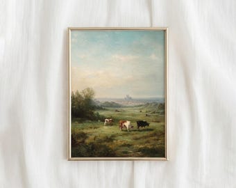 Klassisches Vintages Landschaftsölgemälde, grüne pastorale Wiese, die Kühe grasen lässt, rustikaler Eingang digitaler Dekor