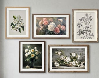Digitales Muttertags-Galerie-Set, stimmungsvolles florales Vintage-Dekor mit dunkler Academia, weiße Rosenmalerei