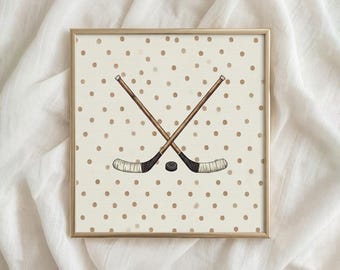 Vintage gekreuzte Hockeyschläger Skizze, Beige Tupfen Illustration, Adrette Sportverein-Dekor, bedruckbar