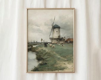 Vintage holländische Windmühlenmalerei, rustikale gedeckte grüne pastorale Landschaft, herunterladbare Wohnzimmerwanddekoration