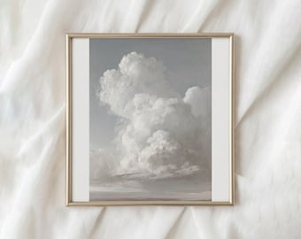 Cuadro al óleo de paisaje nuboso antiguo, cielos neutros y melancólicos, decoración costera etérea para imprimir (descarga digital)