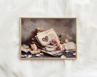 Vintage Liebesbriefe rosa Rosenmalerei, dunkle Academia Wandkunst, herunterladbares Geschenk für sie