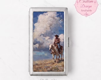 Sigarettendoosje in retro cowboy- en paardenprint, metalen sigarettendoosje in westernstijl, ideaal als cadeau of kaarthouder.