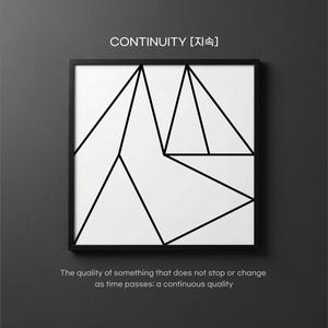 Op de afbeelding: Een ingelijst kunstwerk met een zwart geometrisch ontwerp op een witte achtergrond. Het kunstwerk toont het woord "CONTINUITY" en de definitie van continuïteit. De lijst is zwart en de achtergrond is donkergrijs.