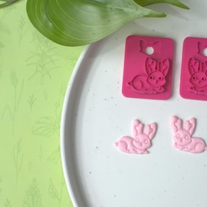 Puede incluir: Dos cortadores de galletas rosas con forma de conejito y dos galletas rosas con forma de conejito se muestran en un plato blanco. Los cortadores de galletas son rectangulares con un diseño de conejito. El fondo es de color verde claro.