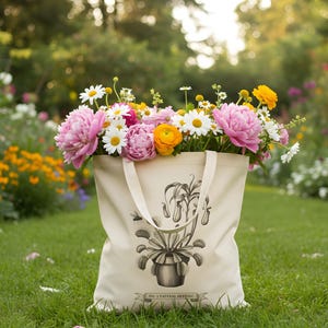 Peut inclure: Un sac fourre-tout en toile crème rempli de fleurs vibrantes, dont des pivoines roses, des boutons d'or jaunes et des marguerites blanches. Le sac présente une illustration en noir et blanc d'une plante attrape-mouches et le texte "FIG 3 NATURAL DEFENSE".