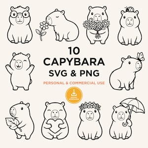 Puede incluir: Una colección de diez ilustraciones de carpinchos en formatos SVG y PNG. Las imágenes presentan varios carpinchos con accesorios como gafas, flores y paraguas. El texto en la imagen dice "10 CAPYBARA SVG & PNG" y "PERSONAL & COMMERCIAL USE".