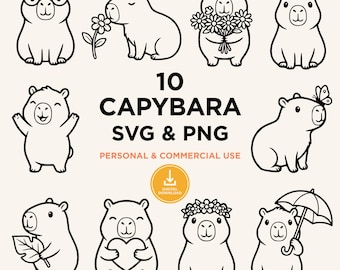 Lot de 10 Capybara SVG, mignon Capybara PNG Clipart ensemble, Kawaii Animal SVG, Cricut & fichiers de coupe Silhouette, coloriage dessin au trait