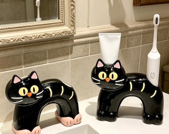 Black Cat Ceramic Toothbrush Holder, Arched Cat Shaped Bathroom Organizer,Desk Pen Stand & Vanity Decor Gift for Cat Lovers