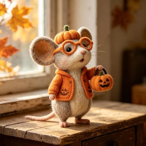 Può includere: Una statuetta di topo in feltro ad ago che indossa un cappello a forma di zucca arancione, occhiali rotondi arancioni e un cardigan arancione con una piccola faccia di zucca. Il topo tiene un piccolo cestino a forma di zucca arancione.