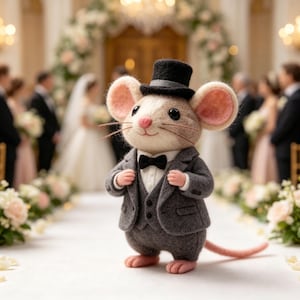 May include: A felt mouse figurine dressed in a gray suit, black bow tie, and top hat, standing on a white aisle. The mouse has pink ears and a pink tail. The background shows a wedding ceremony with people and floral arrangements.