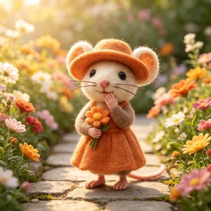 May include: A needle-felted mouse figurine wearing an orange hat and a matching orange dress. The mouse has white fur, dark eyes, and a pink nose, and it is holding a small orange flower in its hands while standing on a stone path.
