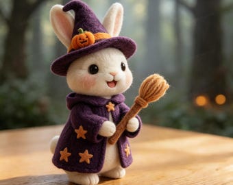 Filcowana igłą figurka czarownicy króliczka, ręcznie robiona kolekcja figurek czarownicy króliczka na Halloween | Sztuka filcowania wełnianego | Unikatowa, ręcznie robiona pamiątka