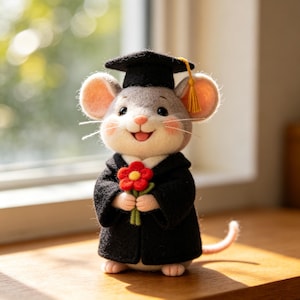 Könnte beinhalten: Eine handgefertigte Filzmaus-Figur, die einen schwarzen Abschlussmantel und einen Mortarboard trägt. Die Maus hält einen roten Blumenstrauß. Die Maus hat graues Fell, rosa Ohren und einen lächelnden Gesichtsausdruck. Eine gelbe Quaste hängt am Mortarboard.