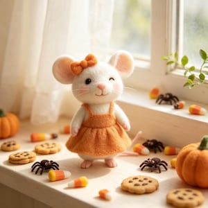 May include: A white needle-felted mouse figurine wearing an orange dress and a matching bow on its head. The mouse is surrounded by small felted items including orange pumpkins, brown spiders, and yellow, orange, and white candy corn pieces.