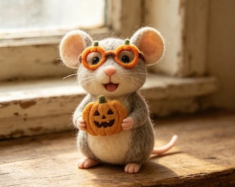 Felted Halloween Mouse with Pumpkin,Cute Witch Mouse Figurine,Fall Home Decor,Handmade Wool Felt Animal,Cottagecore Mini Felt Art