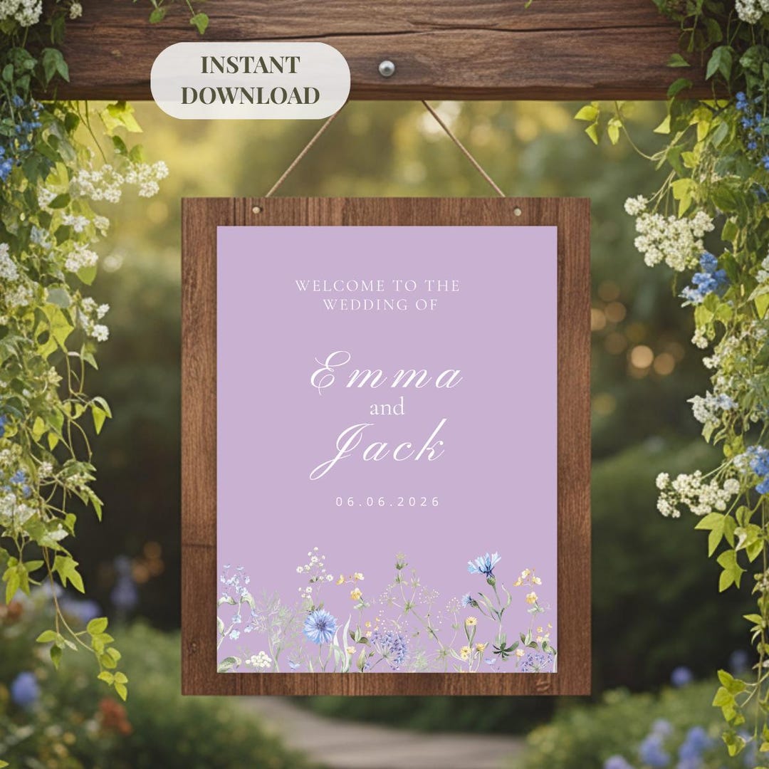 Purple Wildflower Wedding Welcome Sign Printable Boho Meadow Floral ...