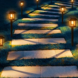 May include: A series of dark metal solar path lights with warm glowing lanterns lining a stone walkway at night. The text BEST SELLER, FAST SHIPPING, and HIGH QUALITY is overlaid on the image in a gold font against the dark garden.