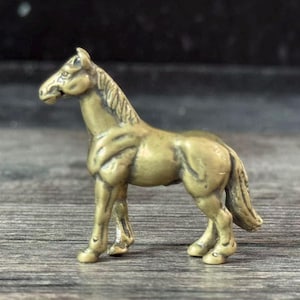 May include: A small, detailed brass horse figurine. The horse is standing with its head turned slightly to the left. The figurine has a smooth, polished finish and is approximately 3 inches in length.