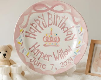 Custom Girl Birthday Plate • Personalized Name & Date Ceramic Keepsake • Hand-Painted Kids Birthday Gift Idea Birthday Tradition Plate |B026