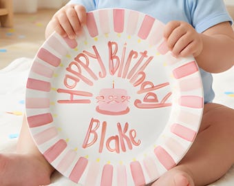 Personalized Kids Birthday Plate, Custom Name Smash Cake Keepsake, Pink Gingham Pottery | B033