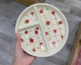 Handbemalte florale Keramik unterteilte Platte | 3-teiliges Artisan Geschirr