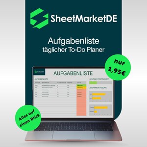 Könnte beinhalten: Ein Laptop mit einer To-Do-Listen-Vorlage. Der Bildschirm zeigt eine Tabelle mit Aufgaben, Beschreibungen und Status. Der Hintergrund ist dunkelblaugrün mit dem SheetMarketDE-Logo und deutschem Text. Grüne Kreise mit Text sind ebenfalls vorhanden.