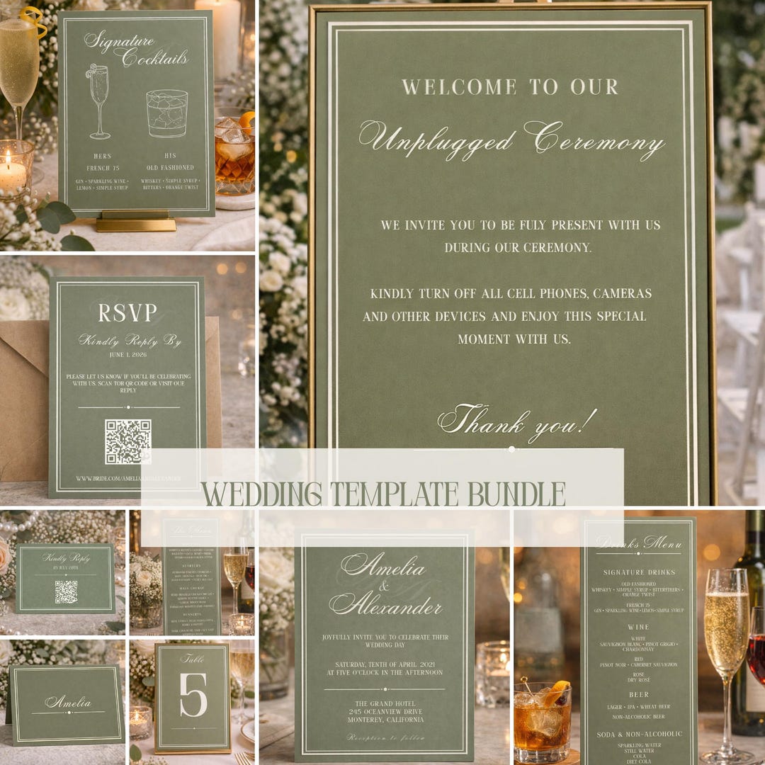 Editable Sage Green Wedding Invitation Suite, Minimalist Canva Template ...