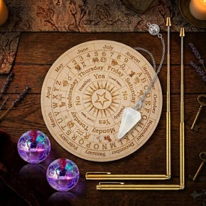 Kit di divinazione con bacchetta da rabdomante, set con pendolo e tavola spiritica in legno, pendolo di cristallo, strumenti per la cartomanzia, regalo per altare di stregoneria