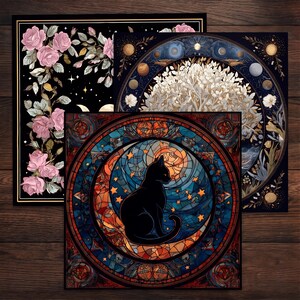 Puede incluir: Tres láminas de arte cuadradas que muestran la silueta de un gato negro dentro de una luna de vidrieras, un árbol blanco rodeado de orbes planetarios celestiales y un arreglo vertical de rosas rosadas sobre un fondo oscuro con estrellas.