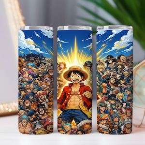 May include: Three cylindrical tumblers featuring a vibrant, full-wrap graphic print of various anime characters from One Piece. The central tumbler highlights a smiling character in a straw hat and red vest, surrounded by a large cast of diverse figures.