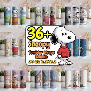 Puede incluir: Un conjunto de diseños para vasos Snoopy de 591 ml. La imagen muestra varios diseños con Snoopy y temas relacionados. Los diseños miden 23,6 x 20,8 cm. El texto en la imagen dice "36+ Snoopy Tumbler Wraps Bundle".