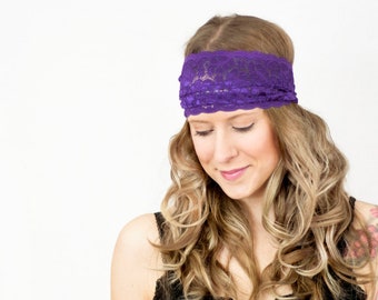 Purple Lace Headband, Bohemian Headband, Wide Headband, Adult Head Band, Stretch Headband, Hair Accessory, Yoga Headband, Western Head Bands
