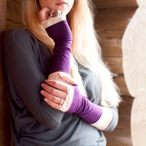 Lace Fingerless Gloves, Long Arm Warmers, Purple Gloves, Wrist Warmers, Jersey Gloves Womens Tattoo Cover Up, Arm Covers Womens Gift for Her
