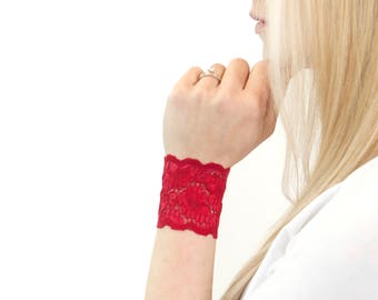 Lace Wrist Cuff Bracelet, Red Bracelet Red Cuff Bracelet Arm Band Wristband Wrist Tattoo Cover Bracelet Scar Covers for Wrist Valentines Day