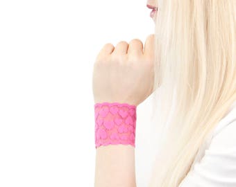 Pink Bracelet, Heart Bracelet, Heart Jewelry, Lace Wrist Cuff Bracelet, Lace Bracelet Wrist Tattoo Cover Up, Wrist Cover Valentines Day Love