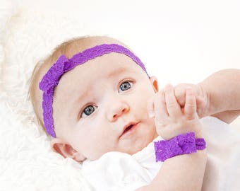 Purple Lace Bow Baby Headband: Newborn Girl Gift