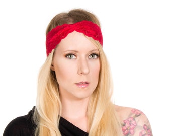 Red Lace Headband for Women, Adult Headband, Red Headband, Twist Headband, Lace Turban Headband Womens Gift for Her Christmas Headband