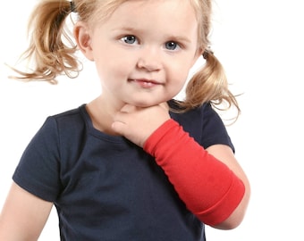 KIDS Arm Sleeve Forearm Cover, Red Cuff, Long Cuff Costume Accessory, Arm Cover, Boy Girl Arm Sleeve Extender Warmer Scar Eczema Protection