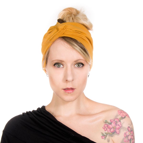 Bandeau turban jaune moutarde : tricot jersey torsadé large