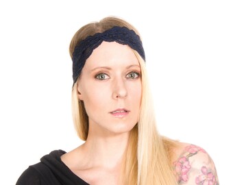 Navy Lace Headband, Navy Headband Twist Headband, Turban Headband Adult Headband, Workout Headband, Navy Yoga Headband Women Boho Headband