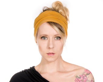 Mustard Jersey Headband: Wide Scrunch Bandeau, Handmade Hair Cover