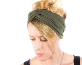 Olive Green Twist Headband: Wide Jersey Turban, Handmade