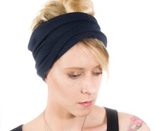 Wide Navy Blue Scrunch Headband: Cotton Jersey Hair Wrap