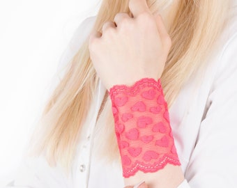 Heart Bracelet, Red Lace Bracelet, Lace Wrist Cuff Bracelet Red Bracelet Wrist Tattoo Cover Up Wrist Cover Valentines Day Love Bracelet