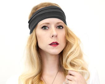 Wide Gray Yoga Headband: Stretchy Boho Hair Wrap