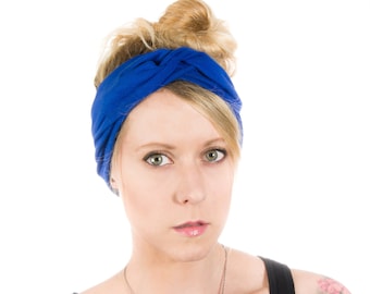 Handmade Royal Blue Twist Turban Headband: Wide Jersey Knit