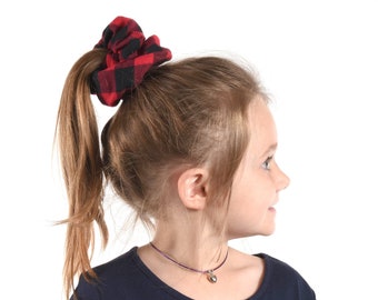 Red Buffalo Plaid Scrunchie, Black Kids Scrunchie Large Child Pony Tail Dance Hair Tie Girls Gift for Her Cheerleader Flannel Fall Accessory