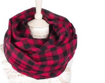 Red Buffalo Plaid Infinity Scarf: Soft Cotton Flannel
