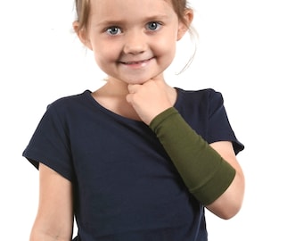 KIDS Arm Sleeve Forearm Cover, Olive Green Cuff, Long Costume Accessory, Arm Cover, Boy Girl Sleeve Extender Warmer Scar Eczema Protection